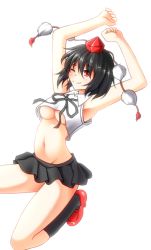 Rule 34 | 1girl, arm cannon, armpits, arms up, black hair, evandragon, groin, hat, looking at viewer, miniskirt, navel, one eye closed, red eyes, shameimaru aya, skirt, sleeveless, solo, thighs, tokin hat, touhou, weapon, wink