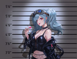 Rule 34 | 1girl, :p, absurdres, bare shoulders, black collar, black jacket, black shirt, blue nails, breasts, candy, cleavage, collar, crop top, cross, cross earrings, discuzz, earrings, food, goggles, goggles on head, green hair, hand up, highres, holding, holding candy, holding food, holding lollipop, jacket, jewelry, lollipop, long hair, looking at viewer, medium breasts, midriff, nail polish, navel, off shoulder, open clothes, open jacket, original, pink hair, shirt, solo, tongue, tongue out, twintails