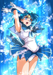 Rule 34 | 1girl, arms up, bishoujo senshi sailor moon, blue eyes, blue hair, blue skirt, breasts, commentary request, earrings, elbow gloves, gloves, jewelry, kaze no ryuuryuu, leotard, leotard under clothes, medium breasts, mizuno ami, open mouth, pleated skirt, ribbon, sailor collar, sailor mercury, sailor senshi uniform, short hair, simple background, skirt, sleeveless, solo, sparkle, teeth, thighs, tiara, upper teeth only