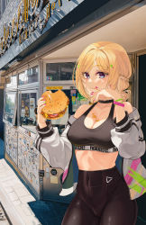 Rule 34 | 1girl, absurdres, aki rosenthal, bare shoulders, black choker, black pants, black sports bra, blonde hair, bracelet, braid, breasts, burger, choker, cleavage, closed mouth, commentary request, eating, food, food on body, food on breasts, green nails, hair ornament, highres, holding, holding food, hololive, jacket, jewelry, large breasts, long sleeves, looking at viewer, multicolored nails, nail polish, off shoulder, open clothes, open jacket, outdoors, pants, puffy long sleeves, puffy sleeves, purple eyes, purple nails, snarkhunt, solo, sports bra, virtual youtuber, white jacket