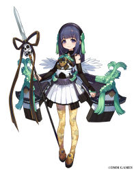 Rule 34 | 1girl, arm warmers, black hair, dmm, hairband, holding, holding polearm, holding spear, holding weapon, looking at viewer, matsue (oshiro project), official art, oshiro project:re, polearm, purple eyes, skirt, smile, solo, spear, standing, weapon, white skirt, yuu (higashi no penguin)