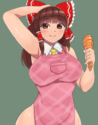 Rule 34 | 1girl, apron, armpits, blunt bangs, blush, bow, breasts, brown eyes, brown hair, carrot, closed mouth, commentary request, cookie (touhou), cowboy shot, frilled bow, frilled hair tubes, frills, green background, hair bow, hair tubes, hakurei reimu, hand on own head, large breasts, long hair, looking at viewer, mo-fu, naked apron, necktie, no panties, pink apron, red bow, rurima (cookie), sidelocks, simple background, smile, solo, touhou, yellow necktie