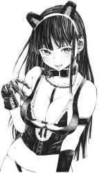 Rule 34 | 1girl, absurdres, animal ears, bikini, breasts, cat ears, cleavage, corset, fake animal ears, fang, fangs, gagaimo, gloves, greyscale, hairband, highres, large breasts, long hair, looking at viewer, maid, maid bikini, monochrome, original, solo, swimsuit, traditional media, unconventional maid