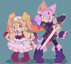 Rule 34 | 2girls, absurdres, alternate costume, animal ears, animal nose, apron, armor, belt, blaze the cat, blue background, blush, body fur, boots, brown eyes, brown footwear, brown gloves, cat ears, cat girl, cat tail, child, circlet, corset, cosplay, cream the rabbit, crinoline, dress, falchion (fire emblem), fang, female focus, fingerless gloves, fire emblem, fire emblem awakening, flat chest, forehead jewel, frilled apron, frilled dress, frilled sleeves, frills, full body, furry, furry female, gem, gloves, happy, hat, heel up, highres, holding, holding sword, holding weapon, knee boots, leggings, legs apart, lissa (fire emblem), lissa (fire emblem) (cosplay), long hair, long sleeves, looking at viewer, lucina (fire emblem), lucina (fire emblem) (cosplay), multicolored hair, multiple girls, nintendo, open mouth, orange eyes, orange fur, outline, pigeon-toed, puffy long sleeves, puffy sleeves, purple dress, purple footwear, purple fur, purple gloves, purple hair, purple leggings, purple outline, rabbit ears, rabbit girl, rabbit tail, red gemstone, sheath, short dress, shoulder armor, simple background, smile, sonic (series), standing, stellarspin, sword, tail, two-tone fur, two-tone hair, weapon, white apron, white fur, white headwear, yellow dress, yellow fur, yellow outline