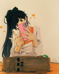 Rule 34 | apron, bento, black bow, black hair, blue hair, bow, cellphone, chakoru, commentary request, covered mouth, dark blue hair, dated, facing viewer, fingernails, food, grey eyes, head tilt, heart, highres, holding, holding phone, houshou (kancolle), japanese clothes, kantai collection, kappougi, kimono, long fingernails, long hair, looking at phone, orange kimono, parted bangs, phone, ponytail, sleeves past elbows, smartphone, solo, taking picture, traditional media, upper body