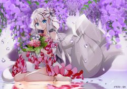 Rule 34 | 00s, 1girl, bad id, bad pixiv id, bare shoulders, barefoot, blue eyes, bouquet, dress, dungeon and fighter, flower, fox tail, gero-gh, hair ornament, long hair, looking at viewer, silver hair, sitting, smile, solo, tail, very long hair, wariza, water, wisteria
