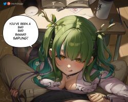 Rule 34 | 1boy, 1girl, antlers, blush, braid, braided bangs, branch, breasts, ceres fauna, cleavage, commentary, earrings, english commentary, english text, flower, greatodoggo, green hair, hair flower, hair ornament, highres, hololive, hololive english, horns, jewelry, large breasts, licking lips, long hair, looking at viewer, mole, mole under eye, multicolored hair, pov, pov crotch, red nails, sex toy, smile, solo focus, tenga, tongue, tongue out, underwear, virtual youtuber, yellow eyes
