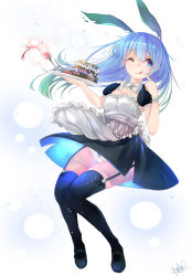 Rule 34 | 1girl, animal ears, apron, bad id, bad pixiv id, black dress, black eyes, black footwear, black thighhighs, blue dress, blue hair, bow, bowtie, breasts, cake, commentary request, detached sleeves, dress, finger to cheek, floating hair, food, food on face, frilled apron, frills, full body, garter straps, glass, hair between eyes, hand up, highres, holding, holding plate, licking lips, long hair, looking away, maid, mary janes, multicolored clothes, multicolored dress, one eye closed, original, panties, pantyshot, plate, puffy short sleeves, puffy sleeves, rabbit ears, shoes, short dress, short sleeves, signature, small breasts, smile, solo, spilling, straight hair, tareme, thighhighs, tongue, tongue out, underwear, white apron, white background, white bow, white bowtie, white panties, wind, zuzi sotusko