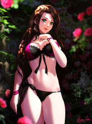 Rule 34 | 1girl, bikini, blurry, blurry foreground, brown hair, dorothea arnault, earrings, esther shen, fire emblem, fire emblem: three houses, fire emblem heroes, flower, front-tie bikini top, front-tie top, green eyes, jewelry, looking at viewer, navel, nintendo, official alternate costume, parted lips, smile, solo, stomach, swimsuit, thighs