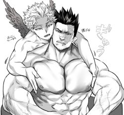 Rule 34 | 2boys, bara, blush, boku no hero academia, burn scar, closed mouth, endeavor (boku no hero academia), closed eyes, feathered wings, greyscale, hawks (boku no hero academia), hug, hug from behind, large pectorals, looking at another, male focus, monochrome, multiple boys, muscular, muscular male, nipples, open mouth, pectorals, scar, scar on face, smile, translation request, wings, yaoi, yococco