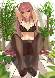 Rule 34 | 1girl, armpits, arms up, black bra, black panties, black pantyhose, blurry, blurry foreground, bow, bow panties, bra, breasts, cleavage, crotch seam, depth of field, fate/grand order, fate (series), feet, foreshortening, highres, indoors, large breasts, long hair, looking at viewer, navel, no shoes, panties, panties under pantyhose, pantyhose, parted lips, plant, purple hair, red eyes, scathach (fate), sidelocks, sitting, solo, throtem, toes, underwear, underwear only, very long hair