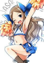 Rule 34 | 1girl, adapted costume, armpits, asakaze (kancolle), blue bow, blue eyes, blue skirt, boots, bow, brown footwear, cheerleader, crop top, cross-laced footwear, forehead, hair bow, highres, hip vent, holding, holding pom poms, kantai collection, lace-up boots, light brown hair, long hair, looking at viewer, midriff, nassukun, open mouth, parted bangs, pleated skirt, pom pom (cheerleading), pom poms, round teeth, sidelocks, simple background, skirt, smile, solo, standing, standing on one leg, teeth, twitter username, upper teeth only, wavy hair, white background