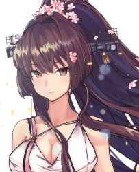 Rule 34 | 1girl, bad id, bad nicoseiga id, breasts, brown eyes, brown hair, cherry blossoms, cleavage, female focus, flower, hair flower, hair ornament, highres, himeyamato, kantai collection, large breasts, long hair, looking at viewer, matching hair/eyes, ponytail, self-upload, smile, solo, umbrella, very long hair, yamato (kancolle)