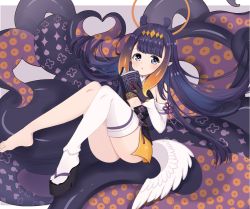Rule 34 | 1girl, :o, ao-chan (ninomae ina&#039;nis), ass, bare legs, barefoot, black dress, black footwear, black hair, book, brown hair, commentary, dress, feathered wings, gradient hair, grey background, halo, holding, holding book, hololive, hololive english, long hair, looking at viewer, low wings, mole, mole under eye, multicolored hair, ninomae ina&#039;nis, ninomae ina&#039;nis (1st costume), open book, parted lips, pointy ears, rinringyo, sandals, shoes, sidelocks, single shoe, single thighhigh, single wing, solo, strapless, strapless dress, tentacles, thighhighs, two-tone background, very long hair, virtual youtuber, white background, white thighhighs, white wings, wings, zouri