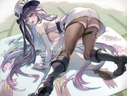 Rule 34 | arm support, ass, azur lane, black hair, boots, breasts, coat, coat dress, elbow gloves, gloves, hat, hat ribbon, highres, long hair, mahos san, padded coat, pamiat merkuria (azur lane), panties, playing games, purple eyes, ribbon, russian clothes, sideboob, thighhighs, thighs, twister, underwear