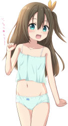 Rule 34 | 1girl, :d, absurdres, bare arms, bare shoulders, black hair, blue camisole, blue eyes, blue panties, blush, bow, bow panties, camisole, collarbone, commentary request, flat chest, groin, hair between eyes, hair ribbon, hand up, highres, long hair, looking at viewer, navel, one side up, open mouth, original, panties, ribbon, simple background, smile, solo, striped clothes, striped panties, takasuma hiro, translation request, underwear, underwear only, white background, yellow ribbon