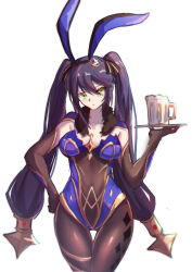 Rule 34 | 1girl, absurdres, alternate costume, animal ears, beer mug, black hair, blush, breasts, bupa chila, cup, curvy, detached sleeves, fake animal ears, feet out of frame, genshin impact, gold, green eyes, hair ornament, hand on own hip, highres, large breasts, leotard, long hair, mona (genshin impact), mug, pantyhose, playboy bunny, rabbit ears, thighs, tray, twintails, white background