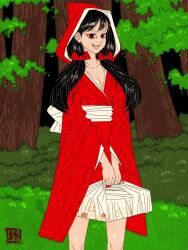 Rule 34 | 1girl, absurdres, bento, black hair, breasts, brown eyes, collarbone, cowboy shot, fine art parody, forest, grass, highres, inkan, japanese clothes, kimono, little red riding hood, looking at viewer, nature, nihonga, parody, red hair bow, red kimono, sei5osuzuki, small breasts, smile, tree, twintails