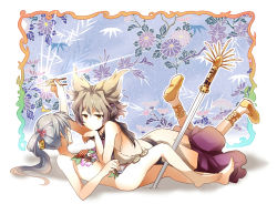 Rule 34 | 2girls, :3, ^^^, ^ ^, anklet, bare shoulders, barefoot, brown eyes, brown hair, chopsticks, closed eyes, earmuffs, expressionless, closed eyes, feet, female focus, floral background, flower, food, food on body, grey hair, hair flower, hair ornament, head rest, headphones, holding, jewelry, leg brace, long hair, looking at another, lying, makizushi, mononobe no futo, multiple girls, no headwear, no headwear, no socks, nude, nyotaimori, on back, on stomach, planted, planted sword, planted weapon, ponytail, shirt, shoes, short hair, skirt, sleeveless, sleeveless shirt, sushi, sword, touhou, toyosatomimi no miko, weapon, yetworldview kaze, yuri