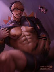 Rule 34 | 1boy, abs, arkapami, bandana, bara, bare pectorals, bike shorts, boxers, bulge, clothes lift, creatures (company), game freak, gen 4 pokemon, highres, large pectorals, lifted by self, male focus, male masturbation, male underwear, masturbation, muscular, muscular male, navel, nintendo, nipples, paid reward available, patreon username, pectorals, pokemon, pokemon (creature), pokemon swsh, raihan (pokemon), rotom, rotom phone, shirt lift, short hair, solo, sweat, thick thighs, thighs, underwear