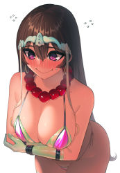 Rule 34 | 1girl, arms under breasts, bare shoulders, bead necklace, beads, bikini, blush, breasts, brown hair, cleavage, commentary request, cosplay, crossed arms, earrings, elbow gloves, fate/grand order, fate (series), florence nightingale (fate), florence nightingale (trick or treatment) (fate), florence nightingale (trick or treatment) (fate) (cosplay), flying sweatdrops, gloves, green bikini, green gloves, hair between eyes, headpiece, highres, hoop earrings, jewelry, large breasts, layered bikini, long hair, md5 mismatch, necklace, official alternate costume, prayer beads, purple bikini, purple eyes, resolution mismatch, rubber gloves, side-tie bikini bottom, simple background, smile, solo, source smaller, sungwon, sweatdrop, swimsuit, wavy mouth, white background, xuangzang sanzang (fate)