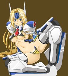 Rule 34 | 1girl, arc system works, armpit peek, bad id, bad pixiv id, basuchian, blazblue, blonde hair, blue eyes, breasts, cameltoe, forehead protector, long hair, looking at viewer, lying, maebari, mecha musume, medium breasts, mu-12, navel, on side, revealing clothes, robot ears, smile, solo, spread legs, thighhighs, thighs, underboob