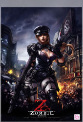 Rule 34 | 1girl, blue eyes, breasts, brown hair, cleavage, gun, hat, jewelry, large breasts, long hair, necklace, rifle, solo, syringe, weapon, zombie, zombie online