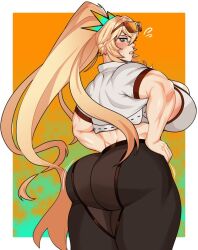 Rule 34 | 1girl, ass, back, barghest (fate), black pants, blonde hair, breasts, bursting breasts, fate (series), female focus, glasses, glasses on head, green background, green eyes, huge ass, huge breasts, long hair, looking at viewer, looking back, midriff, muscular, muscular female, orange background, pants, ponytail, shiny skin, skindentation, solo, strongmoist