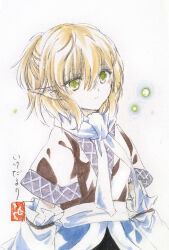 1girl blonde_hair detached_sleeves green_eyes highres ikeda_ruriko looking_at_viewer mizuhashi_parsee painting_(medium) pointy_ears scarf short_hair short_sleeves solo touhou traditional_media watercolor_(medium) white_scarf