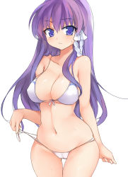 Rule 34 | 00s, 1girl, bad id, bad pixiv id, bare shoulders, bikini, bikini pull, blue eyes, blush, breasts, cameltoe, clannad, cleavage, clothes pull, covered erect nipples, curvy, female focus, fujibayashi kyou, hair ribbon, large breasts, long hair, looking at viewer, navel, one-piece swimsuit pull, purple hair, ribbon, solo, standing, sweat, swimsuit, thigh gap, white bikini, wide hips, yostxxx