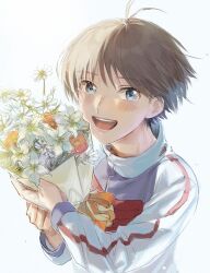 Rule 34 | 1girl, :d, absurdres, androgynous, antenna hair, blue eyes, bouquet, bow, brown hair, close-up, commentary, flower, grey jacket, hair over one eye, highres, holding, holding bouquet, idolmaster, idolmaster (classic), idolmaster 1, jacket, kikuchi makoto, looking at viewer, loose hair strand, mihen, multicolored clothes, multicolored jacket, open mouth, portrait, red bow, red flower, red jacket, red ribbon, ribbon, short hair, simple background, single horizontal stripe, single vertical stripe, smile, solo, teeth, tomboy, track jacket, upper body, white background, white flower, white jacket, wind