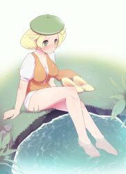 Rule 34 | 1girl, barefoot, bianca (pokemon), blonde hair, blush, breasts, cleavage, closed mouth, commentary request, commission, creatures (company), feet, game freak, grass, green eyes, green hat, hat, knees, maidforge, nintendo, no pupils, pokemon, pokemon bw, rock, shiny skin, shoes, short hair, short sleeves, sitting, soaking feet, solo, toes, unworn footwear, unworn shoes, water