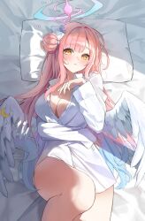 Rule 34 | 1girl, angel wings, bed sheet, blue archive, blush, breasts, chie (user snfh8333), cleavage, crescent, crescent pin, feathered wings, flower, hair bun, hair flower, hair ornament, halo, highres, large breasts, long hair, long sleeves, looking at viewer, mika (blue archive), open mouth, pillow, pink hair, pink halo, purple flower, shirt, single side bun, solo, white shirt, white wings, wings, yellow eyes