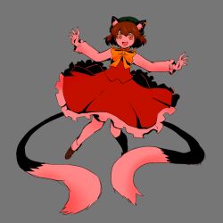 Rule 34 | 1girl, :d, animal ear fluff, animal ears, arms up, bow, bowtie, brown hair, cat ears, cat tail, chen, dress, earrings, full body, grey background, happy, hat, highres, jewelry, long sleeves, looking at viewer, mob cap, multiple tails, nail polish, nekomata, open mouth, orange eyes, red dress, red nails, red skirt, red vest, shishi (kuroear99), short hair, simple background, single earring, skirt, skirt set, smile, solo, tail, touhou, two tails, vest, yellow bow, yellow bowtie