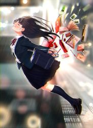 Rule 34 | 1girl, bad id, bad twitter id, bag, black hair, black skirt, black socks, blazer, bloom, blurry, blurry background, blush, bow, bukimi isan, chromatic aberration, closed eyes, copyright request, depth of field, dress shirt, falling, highres, jacket, kneehighs, loafers, long hair, notebook, pen, pencil, rain, red bow, red neckwear, ruler, school bag, school uniform, shirt, shoes, sketchbook, skirt, smile, socks, solo, suicide, tactile paving, textbook, trail, train, train station, white shirt
