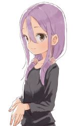 Rule 34 | 1girl, black shirt, brown eyes, closed mouth, collarbone, commentary request, hair between eyes, hair over shoulder, highres, long hair, long sleeves, looking at viewer, low twintails, own hands together, parted bangs, purple hair, shirt, simple background, smile, solo, soredemo ayumu wa yosetekuru, twintails, white background, yamamoto souichirou, yaotome urushi