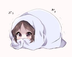 Rule 34 | 1girl, blanket, blush, brown eyes, brown hair, covering own mouth, full body, idolmaster, idolmaster cinderella girls, motion lines, parted bangs, scared, sidelocks, simple background, solo, sweat, tachibana arisu, translation request, trembling, under covers, yellow background, yumeno (rubbercup)