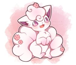 Rule 34 | alolan form, alolan vulpix, artist name, blush, commentary, creatures (company), english commentary, flower, full body, game freak, gen 7 pokemon, happy, highres, looking at viewer, nintendo, no humans, open mouth, outline, pink background, pink eyes, pink flower, pokemon, pokemon (creature), sevi (seviyummy), smile, solo, watermark, white background, white outline
