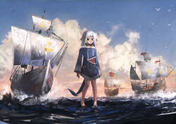 Rule 34 | 1girl, :o, advarcher, artist name, barefoot, bird, blue eyes, blue hair, blue sky, blunt bangs, boat, cloud, cloudy sky, fins, fish tail, flag, fleet, full body, gawr gura, grey hair, hair ornament, highres, hololive, hololive english, horizon, long sleeves, looking at viewer, medium hair, multicolored hair, ocean, outdoors, sailboat, shark girl, shark hair ornament, shark tail, side ponytail, sky, soaking feet, solo, standing, standing on liquid, streaked hair, tail, two side up, virtual youtuber, watercraft, wide sleeves
