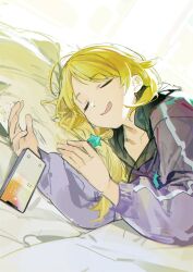 Rule 34 | 1girl, ahoge, backlighting, blonde hair, cellphone, closed eyes, collarbone, hachimiya meguru, hair flaps, hair ornament, head on pillow, highres, hood, hoodie, idolmaster, idolmaster shiny colors, indoors, jacket, long hair, low twintails, on bed, open mouth, phone, purple jacket, sleeping, smartphone, smile, solo, star (symbol), star hair ornament, sunlight, twintails, under covers, upper body, zhili xingzou