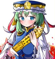 Rule 34 | 1girl, absurdres, blue eyes, blue hat, blue vest, blush, bow, breasts, bright pupils, buttons, closed mouth, commentary, epaulettes, expressionless, flower, frilled hat, frilled sleeves, frills, green hair, hat, highres, long sleeves, looking at viewer, medium breasts, red bow, red flower, rod of remorse, shiki eiki, shirt, short hair, simple background, sleeve bow, solo, spam (spamham4506), spider lily, touhou, upper body, vest, white background, white bow, white pupils, white shirt, wide sleeves