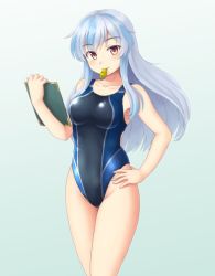 Rule 34 | 1girl, armpits, bare legs, blue hair, blush, breasts, clipboard, collarbone, commentary, competition swimsuit, covered navel, groin, hand on own hip, holding, holding clipboard, isaki (gomi), kamishirasawa keine, long hair, looking at viewer, medium breasts, multicolored hair, one-piece swimsuit, red eyes, sidelocks, silver hair, smile, solo, standing, swimsuit, touhou, two-tone hair, whistle