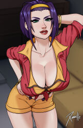 Rule 34 | 1girl, alternate breast size, arm up, artist name, ashe (overwatch), black panties, breasts, cleavage, collarbone, commentary, cosplay, cowboy bebop, english commentary, eyeshadow, faye valentine, faye valentine (cosplay), green eyes, hairband, hand on own hip, highres, large breasts, lipstick, looking at viewer, makeup, overwatch, overwatch 2, panties, pink nails, purple hair, short hair, shorts, solo, standing, thighs, underwear, xinaelle, yellow hairband, yellow shorts