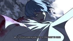 Rule 34 | 1boy, blood, blood on clothes, blue eyes, blue hair, capelet, commentary, english text, heartbreak juan, highres, himmel (sousou no frieren), male focus, open mouth, serious, solo, sousou no frieren, subtitled, upper body, v-shaped eyebrows, white capelet