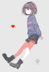 Rule 34 | 1other, ambiguous gender, ankle boots, arms behind back, bad id, bad pixiv id, bare legs, black footwear, black shorts, blue sweater, boots, brown hair, closed eyes, commentary, frisk (undertale), full body, grey background, heart, highres, light frown, long sleeves, looking at viewer, meola, pixel heart, short hair, shorts, simple background, striped clothes, striped sweater, sweater, undertale