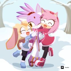 Rule 34 | 3girls, amy rose, animal ears, blaze the cat, blush, cat ears, cat girl, cat tail, closed eyes, cream the rabbit, eyelashes, forehead jewel, fur-trimmed gloves, fur trim, furry, furry female, gloves, hairband, hedgehog girl, highres, howxu, hug, multiple girls, one eye closed, open mouth, pink fur, purple fur, rabbit ears, rabbit girl, rabbit tail, red hairband, smile, snow, sonic (series), tail, topknot, white gloves, winter, winter clothes, yellow eyes