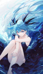 Rule 34 | 1girl, bare shoulders, blue dress, blue eyes, blue hair, blue nails, breasts, cleavage, commentary, dress, gomzi, hair ornament, hair ribbon, hatsune miku, highres, knees together feet apart, long hair, nail polish, ocean, seafloor, ribbon, shinkai shoujo (vocaloid), sitting, smile, solo, sunlight, twintails, underwater, underwear, very long hair, vocaloid, water drop