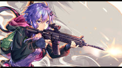 Rule 34 | 1girl, ajishio, backpack, bag, black jacket, blue gloves, breasts, dress, fingerless gloves, firing, frills, gloves, gun, hair ornament, highres, holding, holding gun, holding weapon, hood, hood down, hooded jacket, jacket, letterboxed, long hair, long sleeves, looking away, muzzle flash, open clothes, open jacket, purple dress, purple eyes, purple hair, ribbon, short hair with long locks, sidelocks, small breasts, solo, strapless, strapless dress, tube dress, upper body, vocaloid, voiceroid, weapon, yuzuki yukari