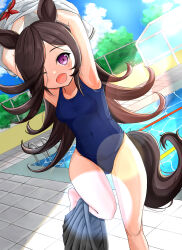 Rule 34 | 1girl, animal ears, armpits, arms up, black hair, blush, collarbone, commentary request, covered navel, fence, highres, horse ears, horse girl, horse tail, leg up, lens flare, looking at viewer, one eye closed, open mouth, pool, purple eyes, rice shower (umamusume), school swimsuit, solo, swimsuit, tail, umamusume, undressing, yuudachi (sintaso)