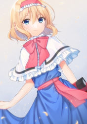 Rule 34 | 1girl, alice margatroid, belt, blonde hair, blue dress, blue eyes, blush, book, bow, bowtie, capelet, closed mouth, commentary request, dress, frills, gradient background, grey background, hair between eyes, hairband, hand up, irino, looking away, petals, pink belt, pink bow, pink bowtie, pink hairband, short hair, short sleeves, smile, solo, touhou, white capelet